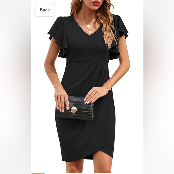 IHOT Women's V Neck Ruffle Sleeve Bodycon Sheath Wrap Ruched Dress size M Black - Picture 12 of 13